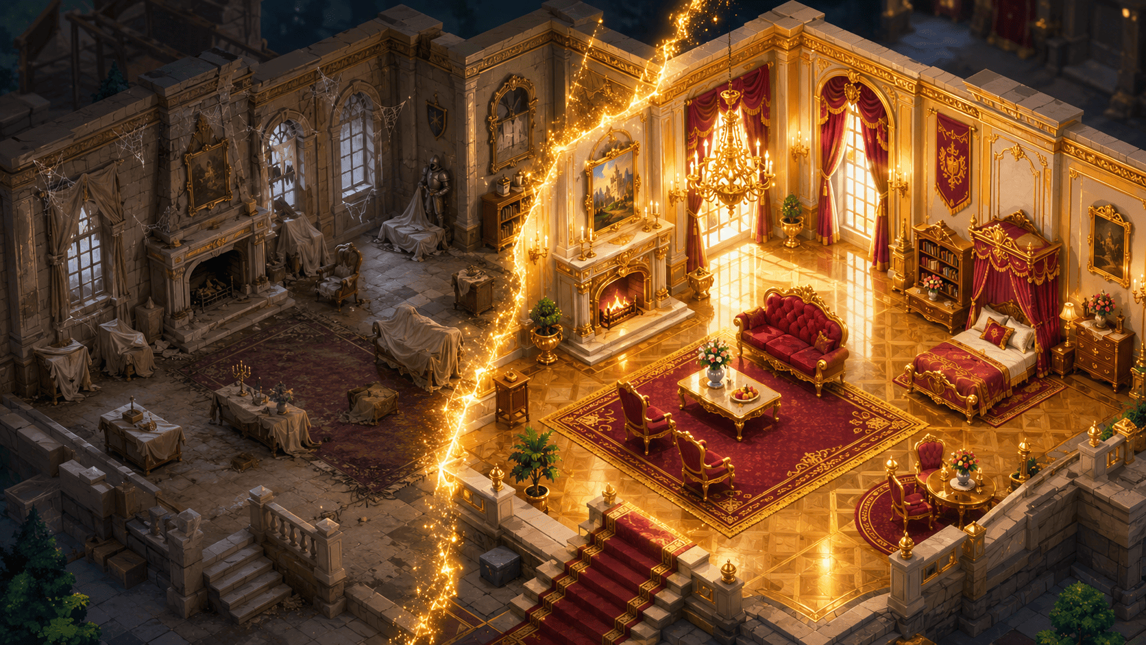 A castle room transforming from dilapidated ruin to a fully restored, decorated royal chamber — the decoration meta-layer in action